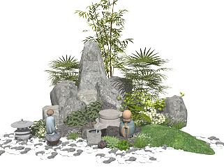 新中式日式禅意景观小品石头竹子su草图模型下载