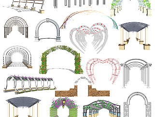 现代铁艺花拱廊架，婚礼现场花环，连廊su草图模型下载