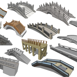 中式石桥木桥拱桥景观木桥桥墩su草图模型下载