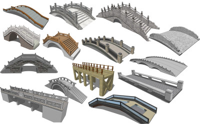 中式石桥木桥拱桥景观木桥桥墩su草图模型下载