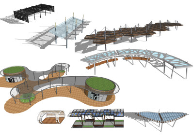 现代创意廊架，连廊遮阳棚su草图模型下载