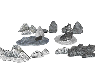中式日式枯山水，石头<em>石块</em>su草图模型下载