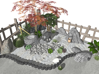日式景观小品，水景木栅栏围栏su草图模型下载