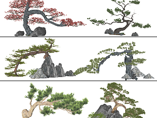 新中式松树园艺小品景观su草图模型下载