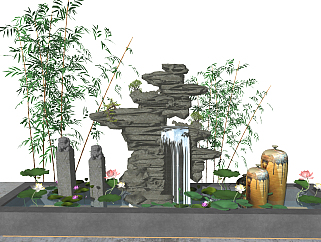 新中式荷花池园艺小品，竹子，石头假山，拴马桩，石狮子，水池su草图模型下载