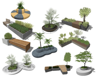 现代树池花坛公用椅su草图模型下载