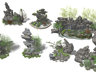 石头，太湖石，竹子，中式花园景观小品su草图模型下载