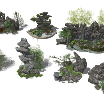 石头，太湖石，竹子，中式花园景观小品su草图模型下载