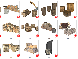 现代木头<em>树桩</em>木桩柴火，劈柴，木桩子火堆su草图模型...