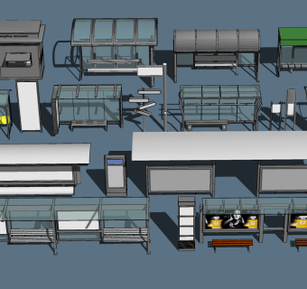 现代公交车站台候车亭，广告牌su草图模型下载