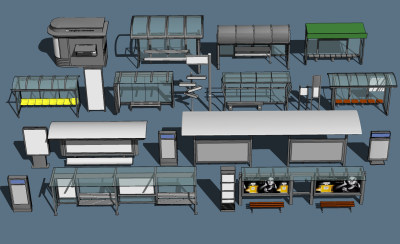 现代公交车站台候车亭，广告牌su草图模型下载