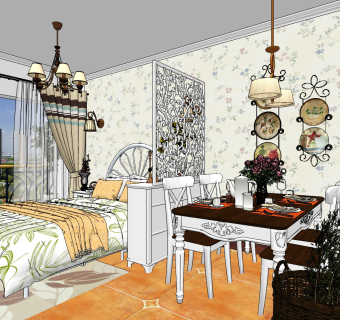 简约美式乡村田园风格一居室su草图模型下载