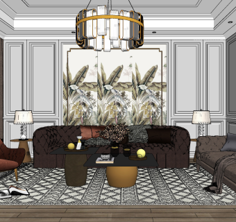 美式家居客厅su草图模型下载