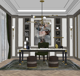 美式家居书房,su草图模型下载