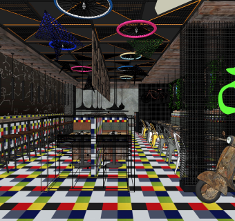 工业loft餐厅su草图模型下载