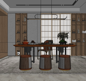 新中式茶室su草图模型下载