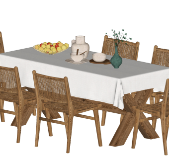 北欧藤编餐桌椅桌布su草图模型下载