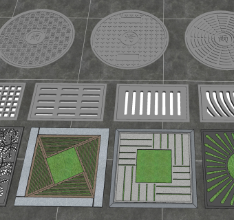 现代下水道井盖树池篦子su草图模型下载