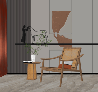 新中式现代扶手椅，单椅，su草图模型下载