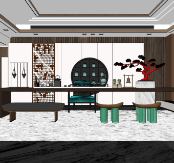 新中式茶室su草图模型下载