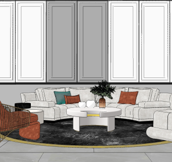 现代弧形多人布艺沙发茶几组合su草图模型下载