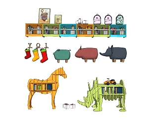 现代儿童异形书架，马犀牛<em>动物</em>书架，书柜玩具柜su草图...