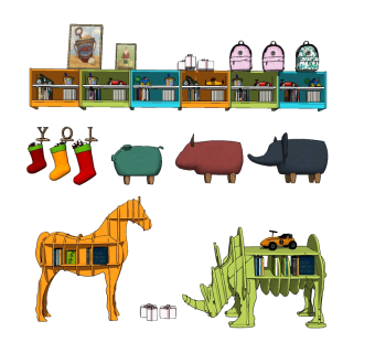 现代儿童异形书架，马犀牛动物书架，书柜玩具柜su草图模型下载
