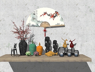 新中式摆件，折扇，扇子<em>花瓶</em>su草图模型下载