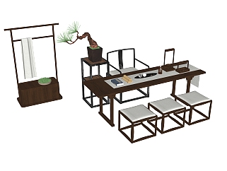 中式书桌椅，衣架，摆台花架su草图模型下载