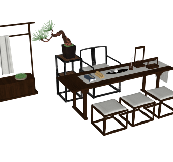 中式书桌椅，衣架，摆台花架su草图模型下载