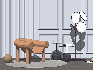 现代休闲椅 单人沙发，边几落地灯su草图模型下载