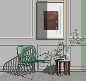 现代铁艺休闲椅 边几 挂画su草图模型下载