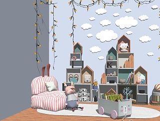 <em>现代</em>儿童房家具，书柜玩具沙发，云朵su草图模型下载