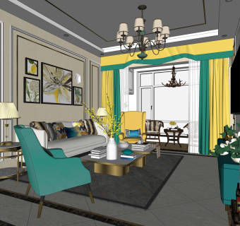 美式客餐厅su草图模型下载