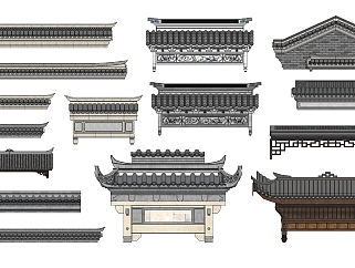 中式古建建筑屋檐su草图模型下载