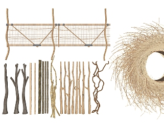 中式枯树树干，树枝，挂饰，木板栅栏隔断su草图模型下载