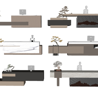 现代新中式接待台服务台，前台松树盆景su草图模型下载