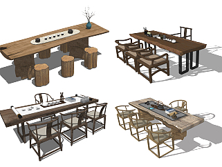 中式实木大板茶桌 桌椅，茶台茶座su草图模型下载