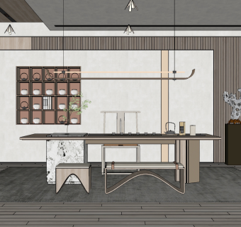 新中式茶室茶桌椅茶台su草图模型下载