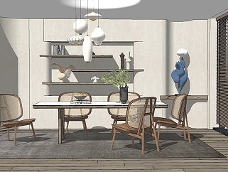 现代侘寂风餐厅，餐桌椅盆栽，su草图模型下载