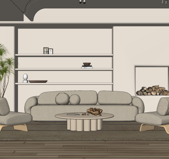 侘寂风客厅，沙发单人沙发su草图模型下载