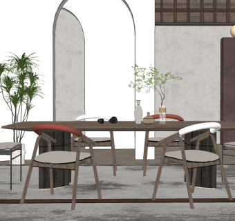 现代餐厅侘寂风餐桌椅，su草图模型下载