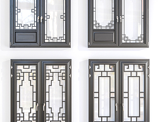 100中式窗戶 平開窗 雙開窗，花格花窗，窗扇 (1)su草圖模型下載