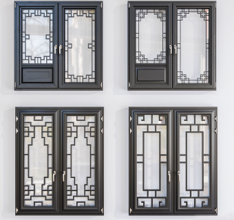 100中式窗户 平开窗 双开窗，花格花窗，窗扇 (1)su草图模型下载