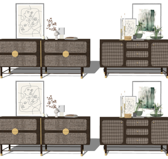 新中式电视柜边柜su草图模型下载