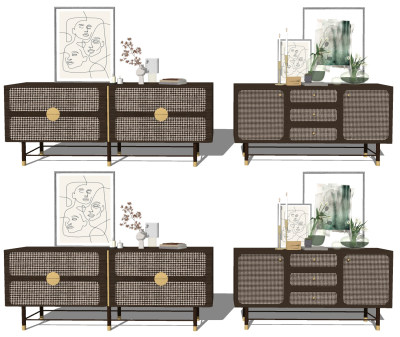 新中式电视柜边柜su草图模型下载