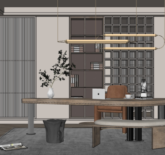 新中式书房su草图模型下载