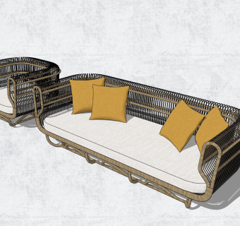 现代户外家具编织藤编户外沙发su草图模型下载