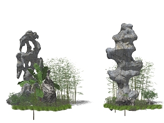 中式景观<em>太湖</em>石石头、竹子景观小品su草图模型下载