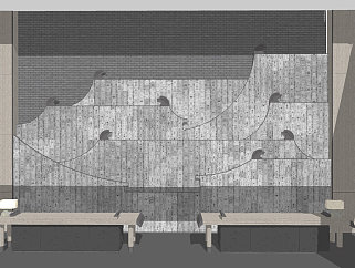 新中式瓦片背景墙、新中式吧台，长条凳子su草图模型...
